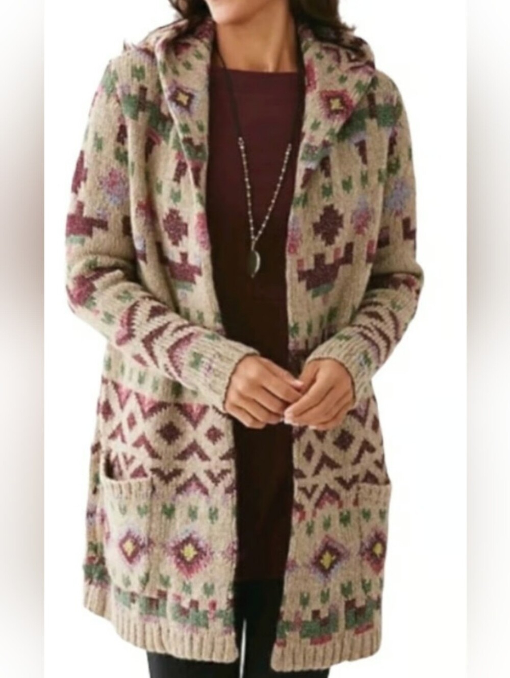 J.Jill Lenox Topper Hooded Southwestern Wool Blend Cardigan Sweater Size M